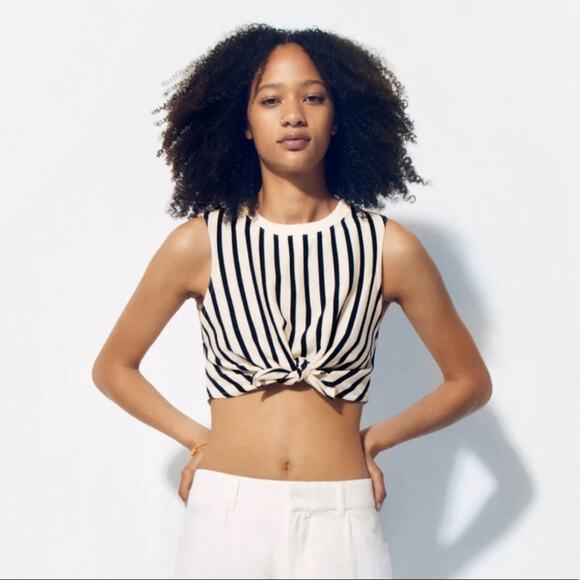 Zara Tops - Women's Zara Navy White Stripe Cropped Tie Front Tank Blouse Small